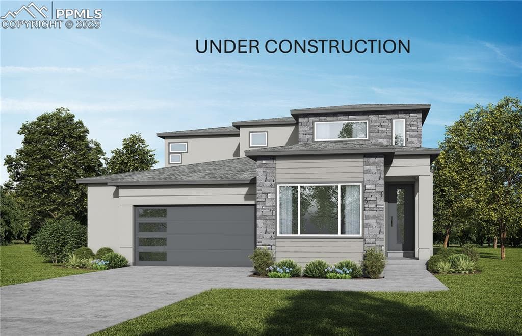 Prairie-style house with stone siding, a front yard, an attached garage, driveway, and stucco siding